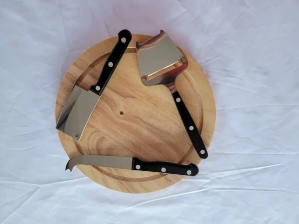 Elegant 4-Piece Cheese Knife & Board Set – 9.25″ Circular Wooden Board