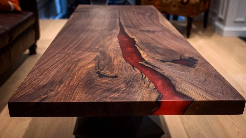 Walnut Coffee Table – Red Epoxy