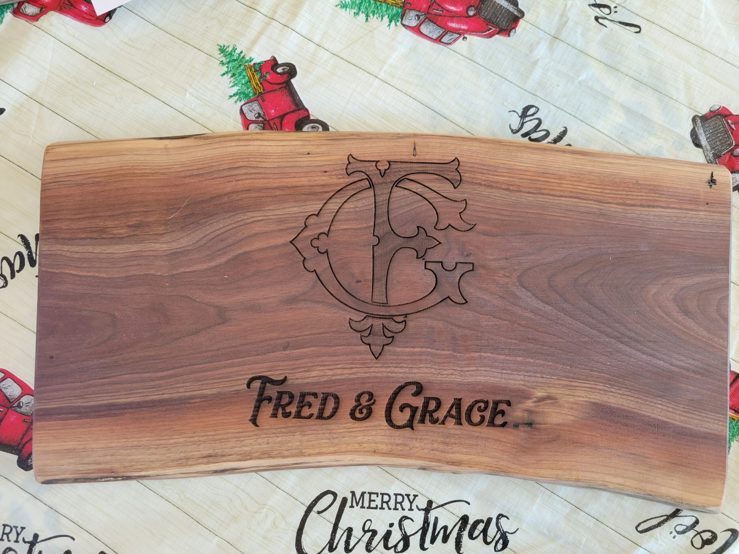 Personalized Live Edge Walnut Wood Couple Cutting Board w/ Monogram & Name