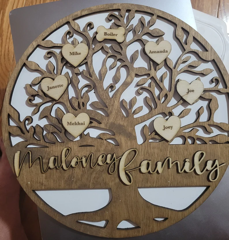 Personalized Laser Cut Wooden Family Tree w/ Heart Name Sign