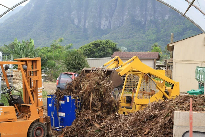 Green waste being loaded for composting at Small Kine Farm, Waimanalo